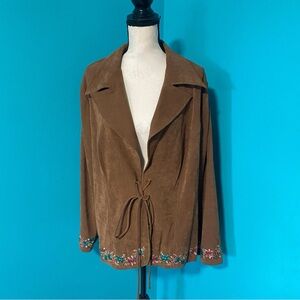 Vintage Venezia 20W Faux Suede Brown Lace Up Tie Front Floral Embroidered Jacket